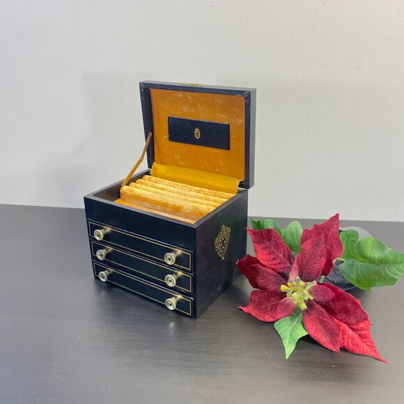 Black jewelry box, Three Drawers, Yellow Velvet, Wooden Keepsake, Leather Cover, - Picture 9 of 10